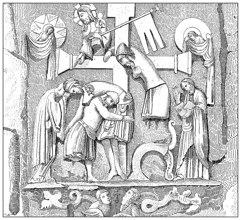 古董插图:Art, Externsteine, Horn-Bad Meinberg，威斯特伐利亚，12世纪